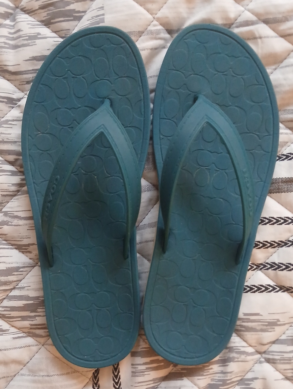 Teal Logo-Embossed Coach Flip Flop Sandals 8.5